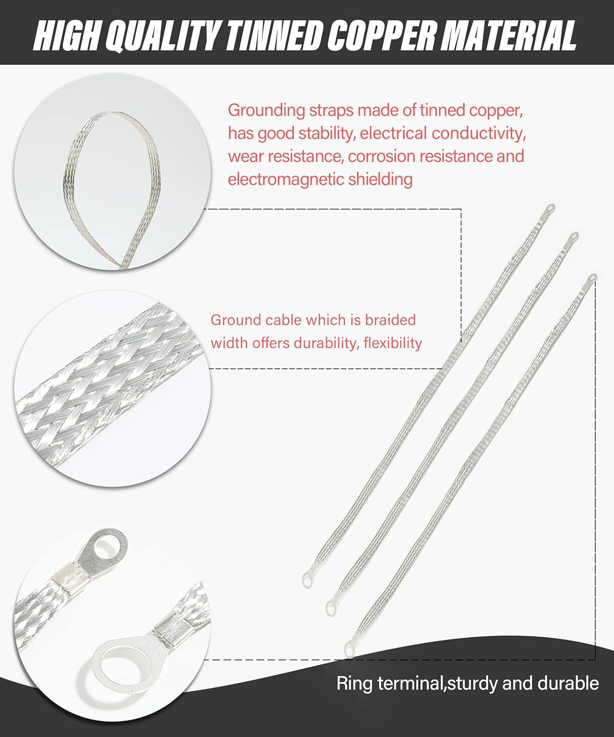 Automotive Ground Strap Kit – 3PCS 10″ & 2PCS 13″ Flat Braided Copper