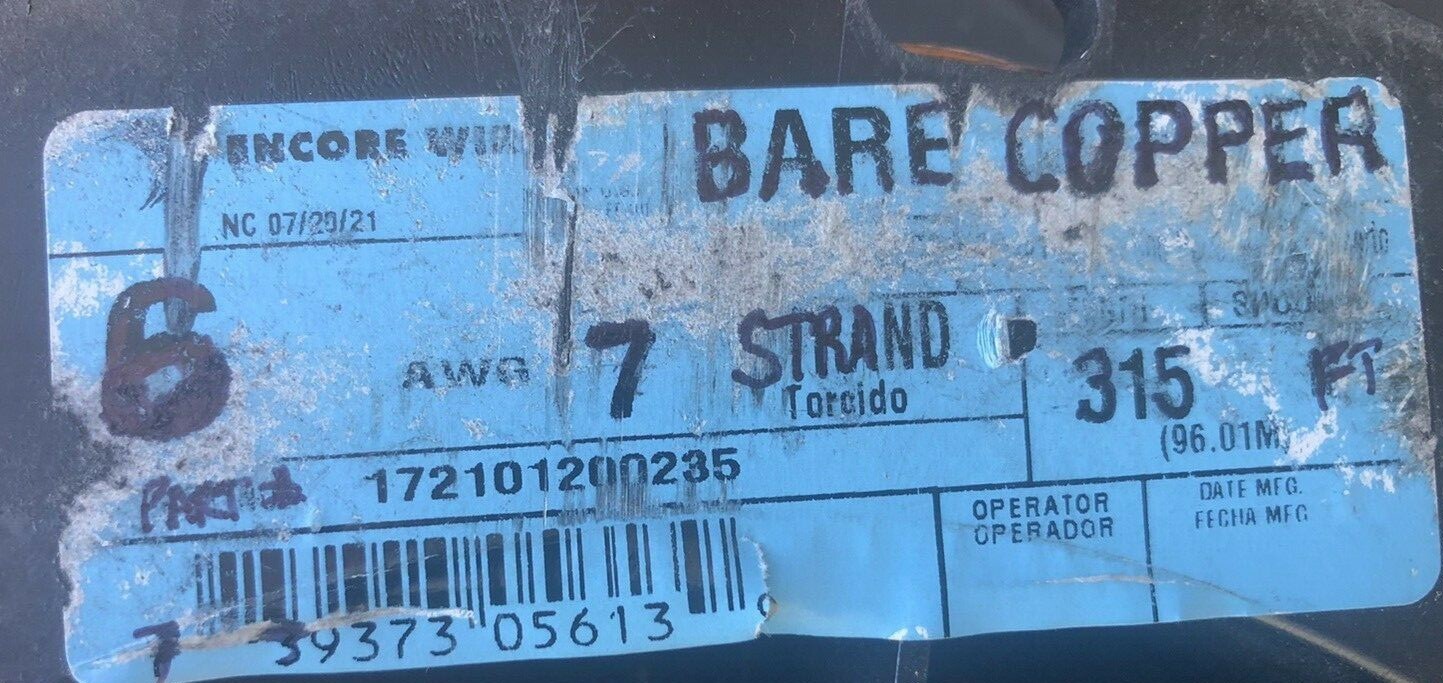 Encore Wire Bare Copper 6 AWG / 7 Strand 315 Feet / 96.01M – Part # 172101200235