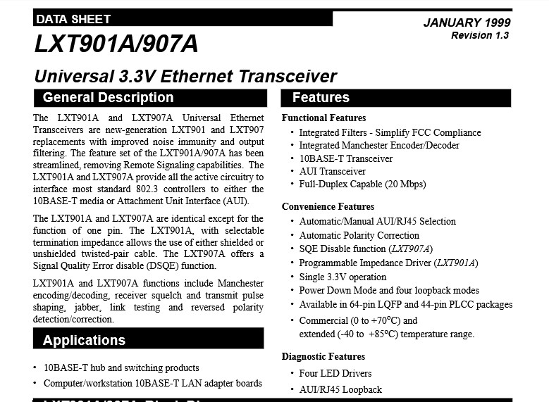 QTY (5) LXT901APC LEVEL ONE PLCC-44 UNIVERSAL 3.3V ETHERNET TRANSCEIVER NOS