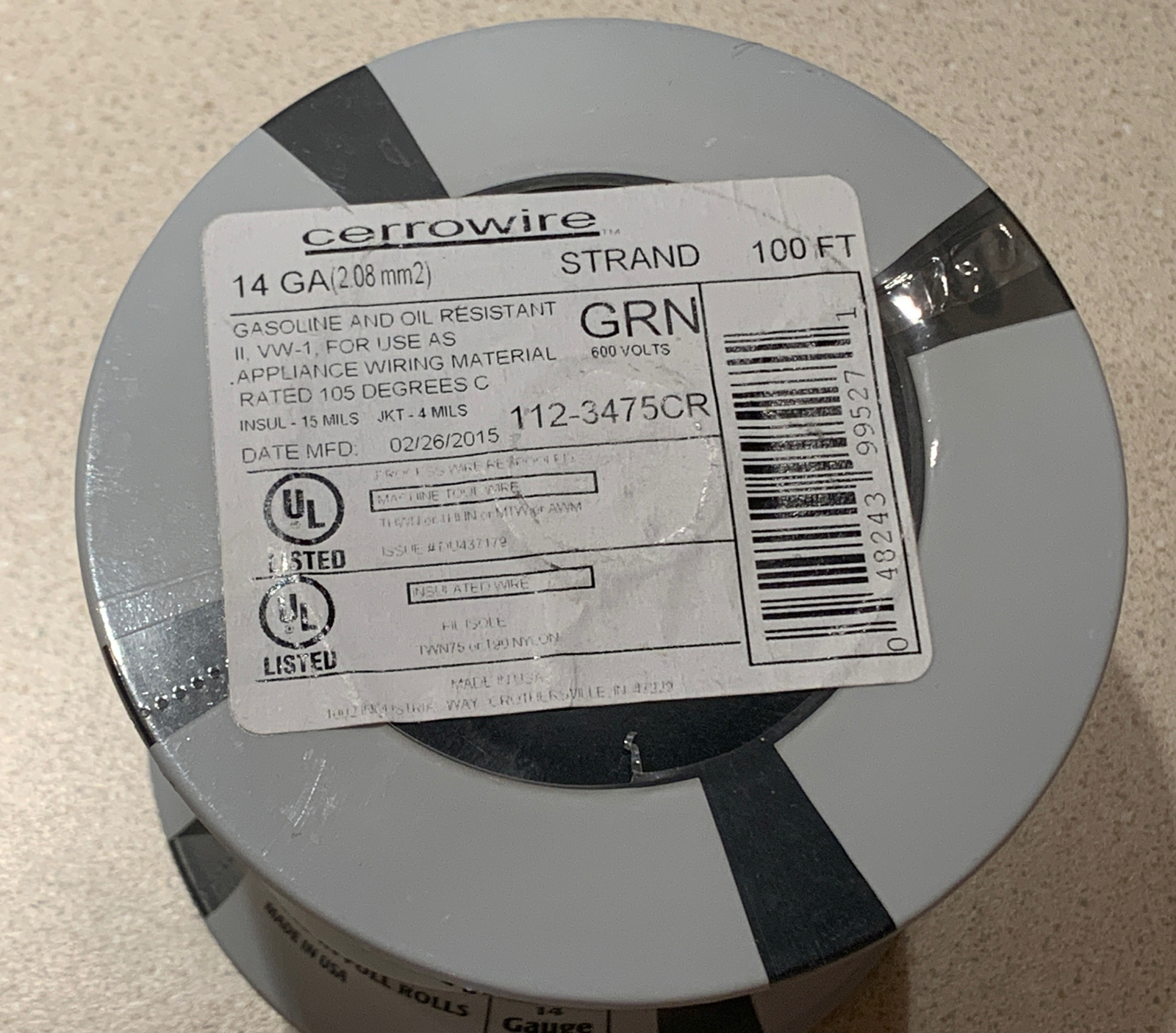 14 Gauge Stranded THHN Wire, 600V, 100 Foot Length, Green. CERROWIRE. NEW
