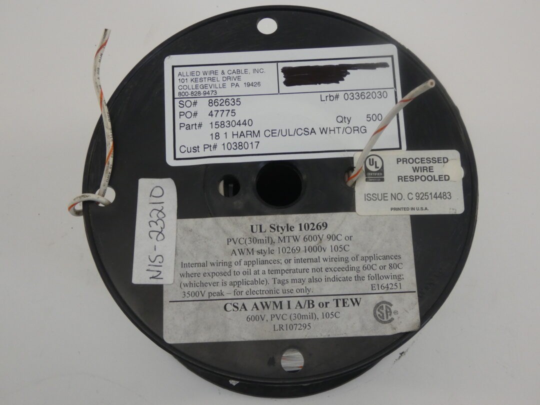 Allied Wire & Cable 15830440 Wire Reel, 500′, 600V, White/Orange, 18AWG – NEW…