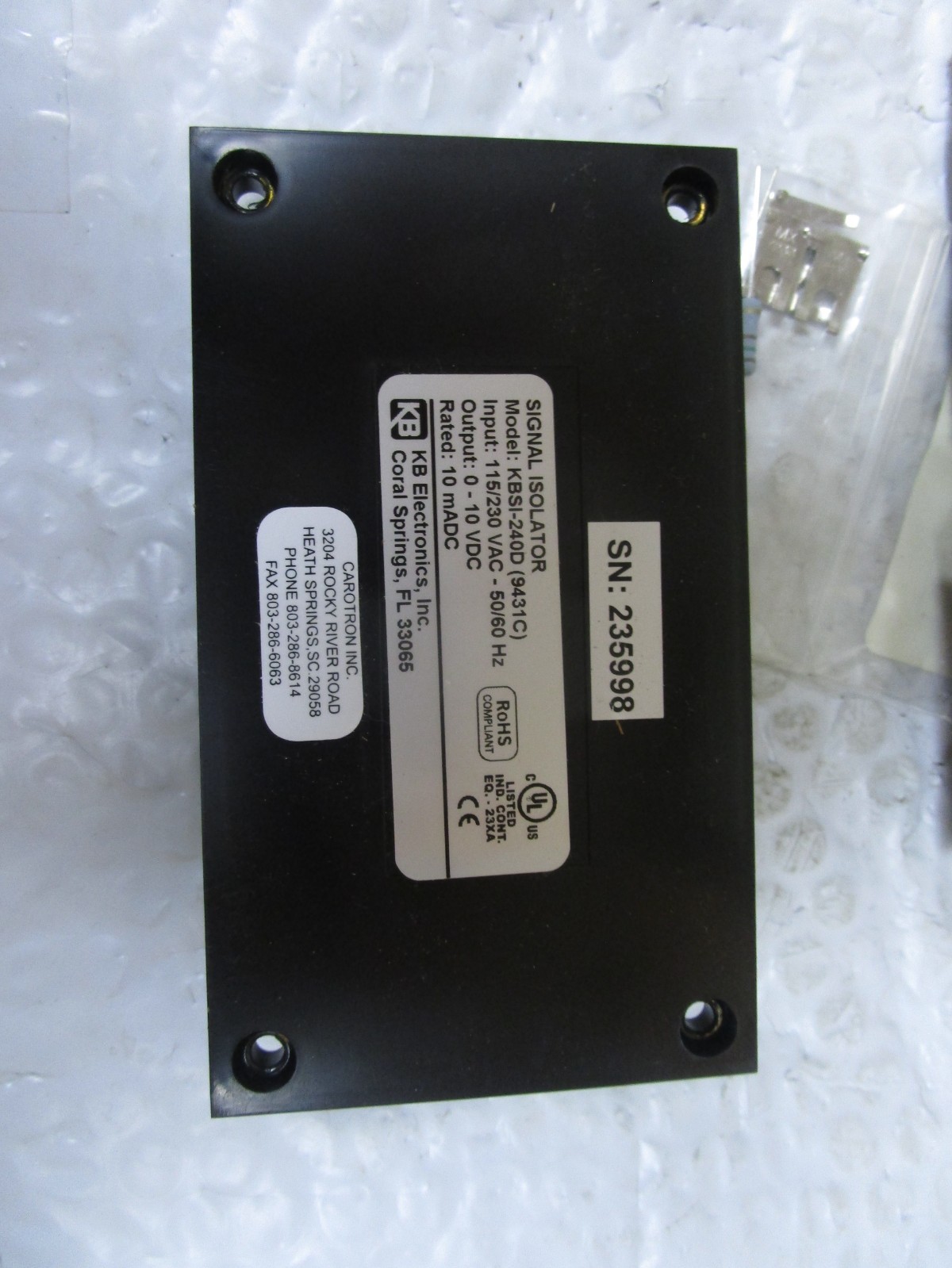 KB Electronics KBSI-240D (9431C) Signal Isolator 115/230Vac 10mADC 0-10Vdc