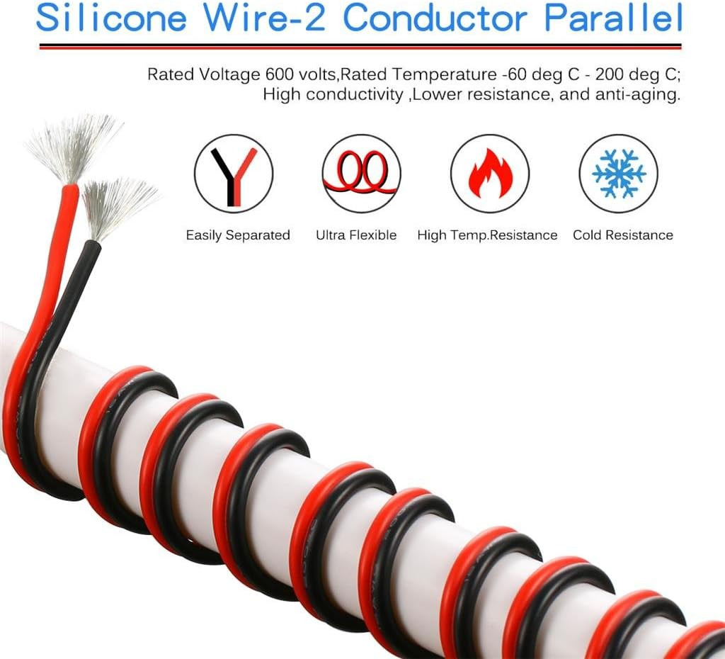 BNTECHGO 16 Gauge Flexible 2 Conductor Parallel Silicone Wire Spool Red Black Hi