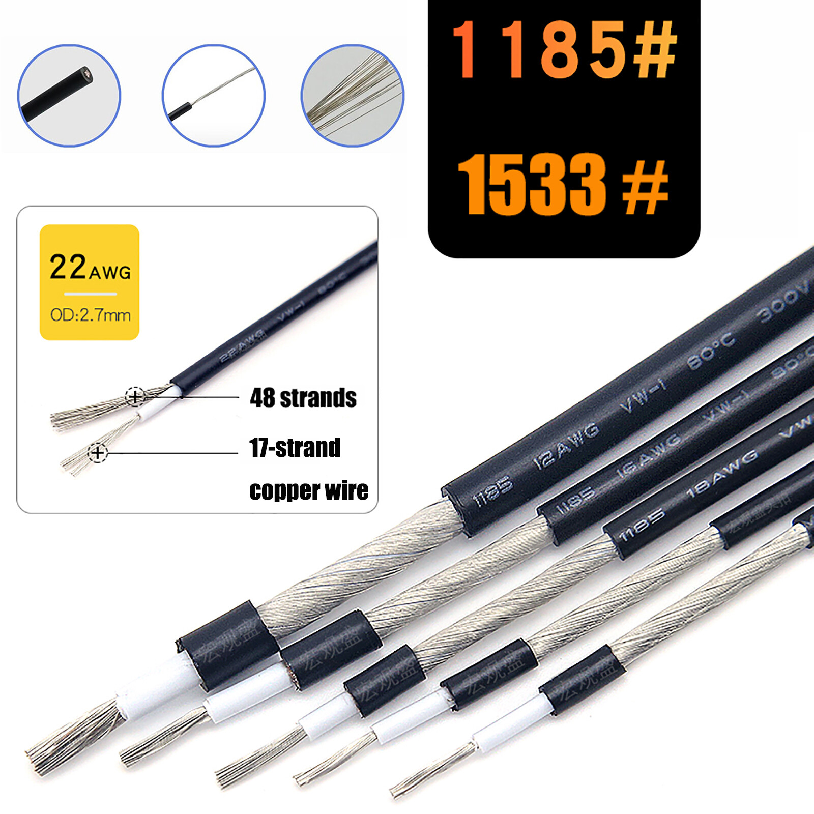 Single Core Shield Wire 28/26/24/22 – 14AWG Audio Cable UL1533 UL1185 Black/Grey