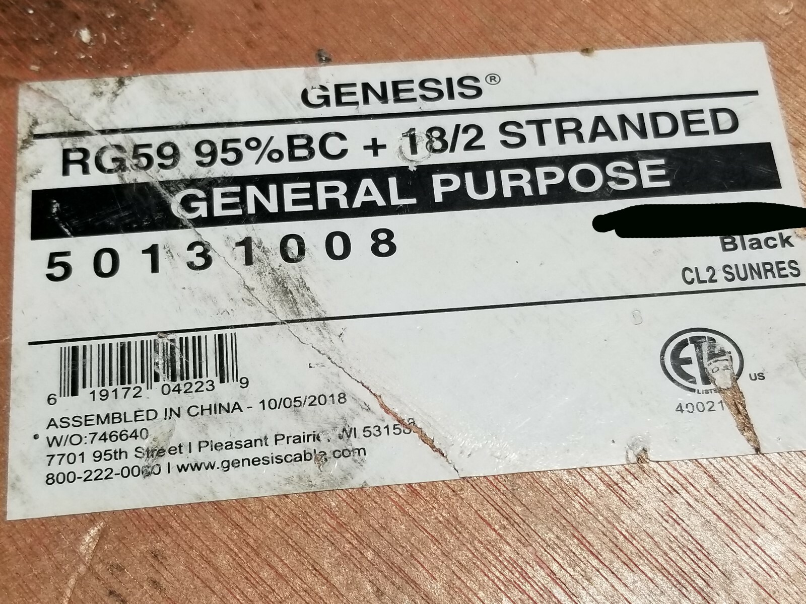 Southwire Genesis Cable 5013 RG59/U + 18/2C Siamese CCTV Camera Black /100ft