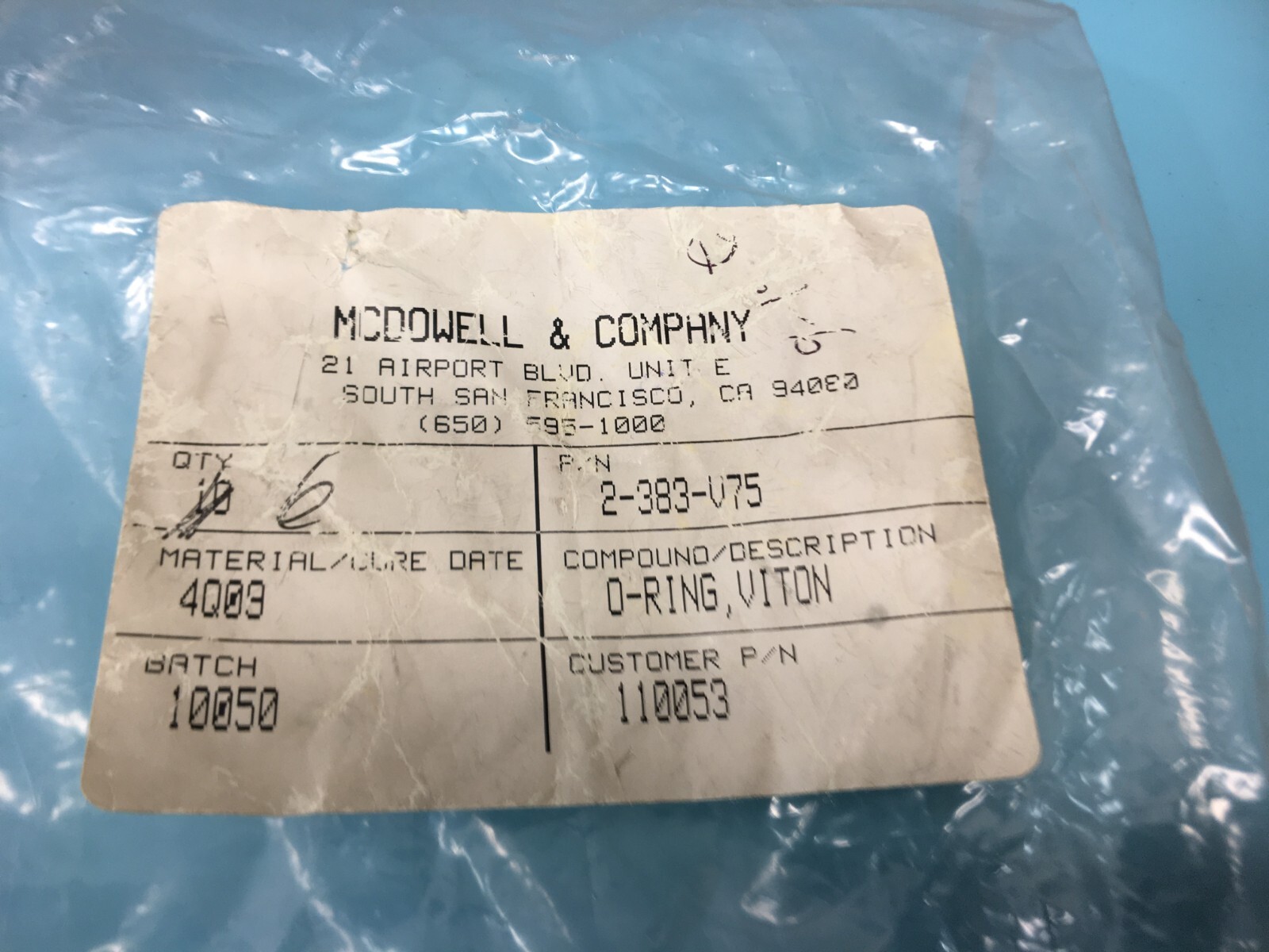 6 MCDOWELL 2-383-V75 O-RING 110053, 2-383, AS568-383, 190609