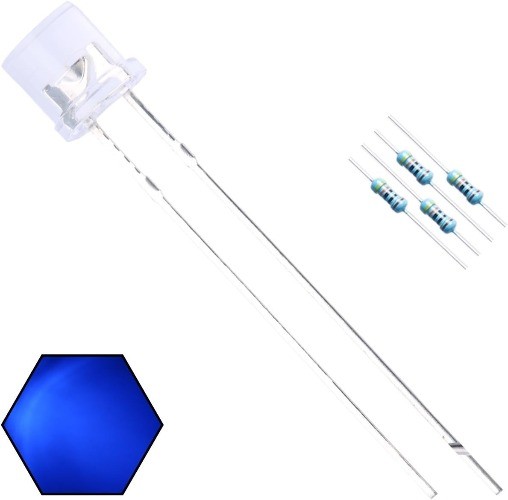 100pcs 5mm Blue LED Diodes Flat Lens 29mm Long Lead 3V DC, Resistors 6V 12V DC