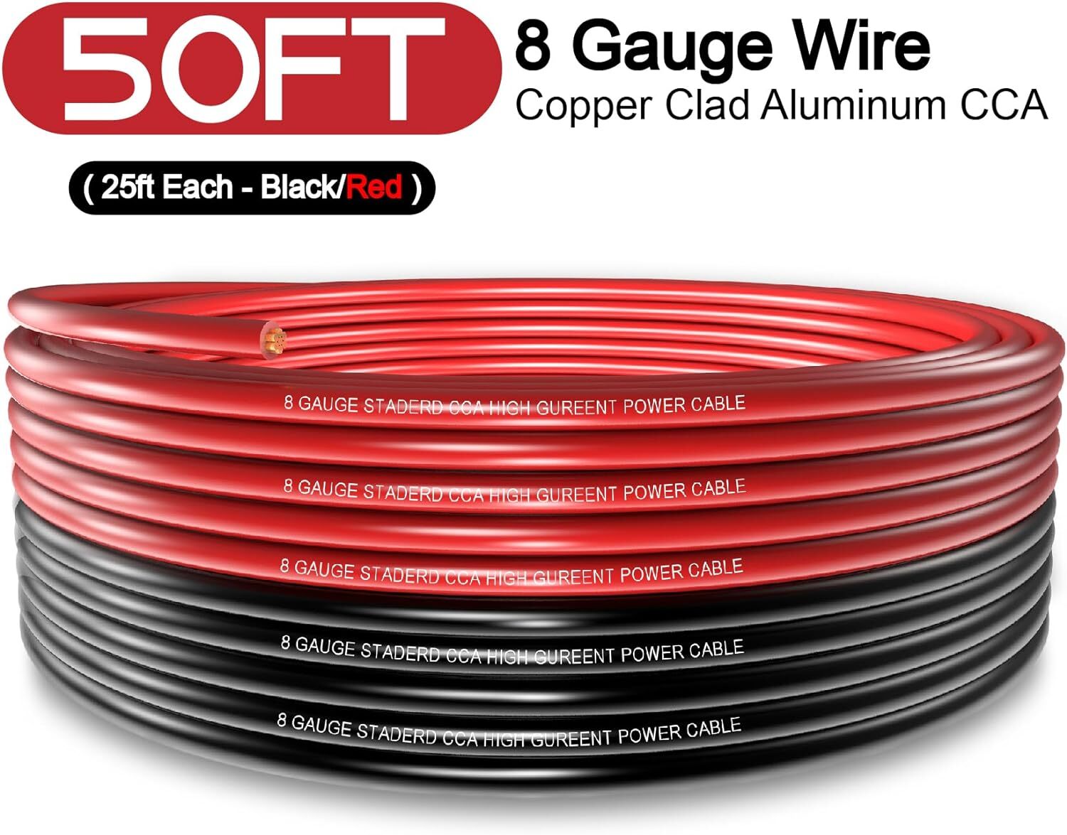 8 Gauge Wire (25ft Each- Black/Red) Copper Clad 8 Gaue Wire（Black/Red）