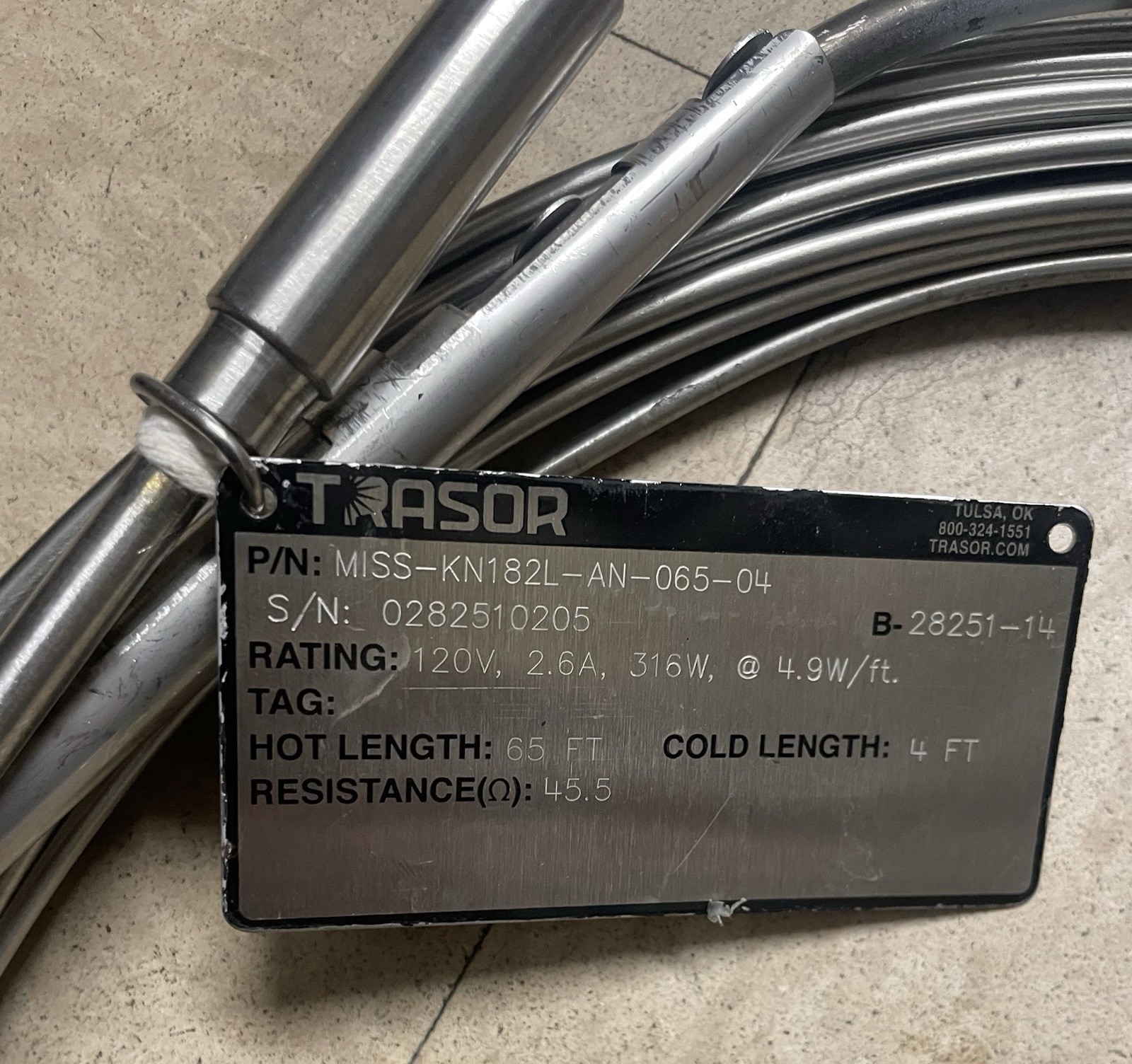 Trasor Mineral Insulated Heat Trace Cable. 5 Watts Per Foot 120v Ac. 65ft