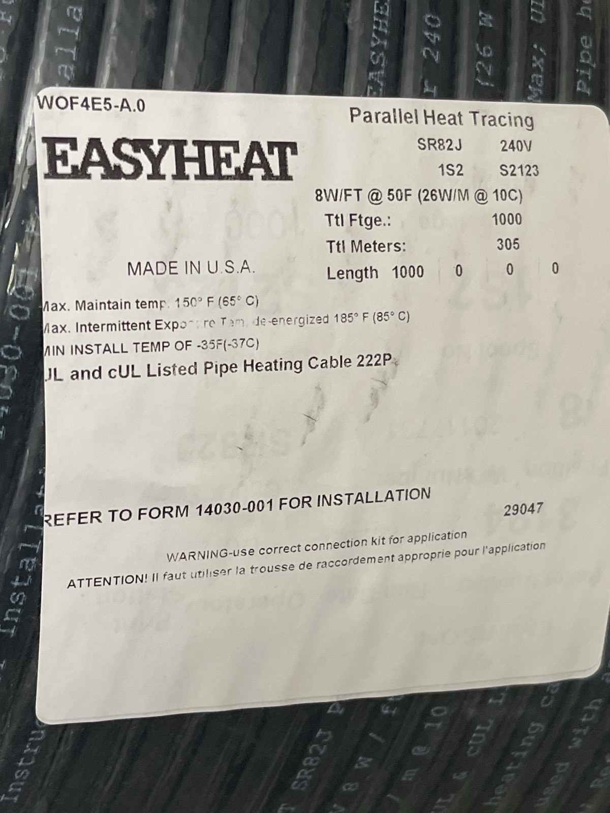 1000’ Easy Heat SR82J 240V 8W/Ft @ 50°F Self Regulating Heat Trace Cable Tape