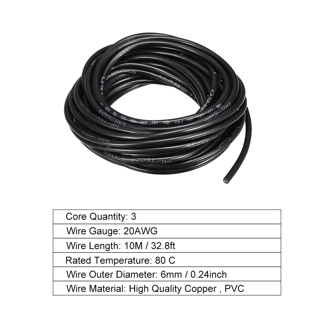 RVV Wire Cable Extension Cord Copper Wire Conductor 3 Core 20 AWG 10M 32.8ft