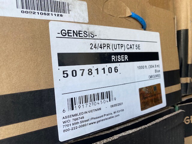 Genesis 50781106 Cat5e 24G Riser 1000′ Box Blue (NEW)