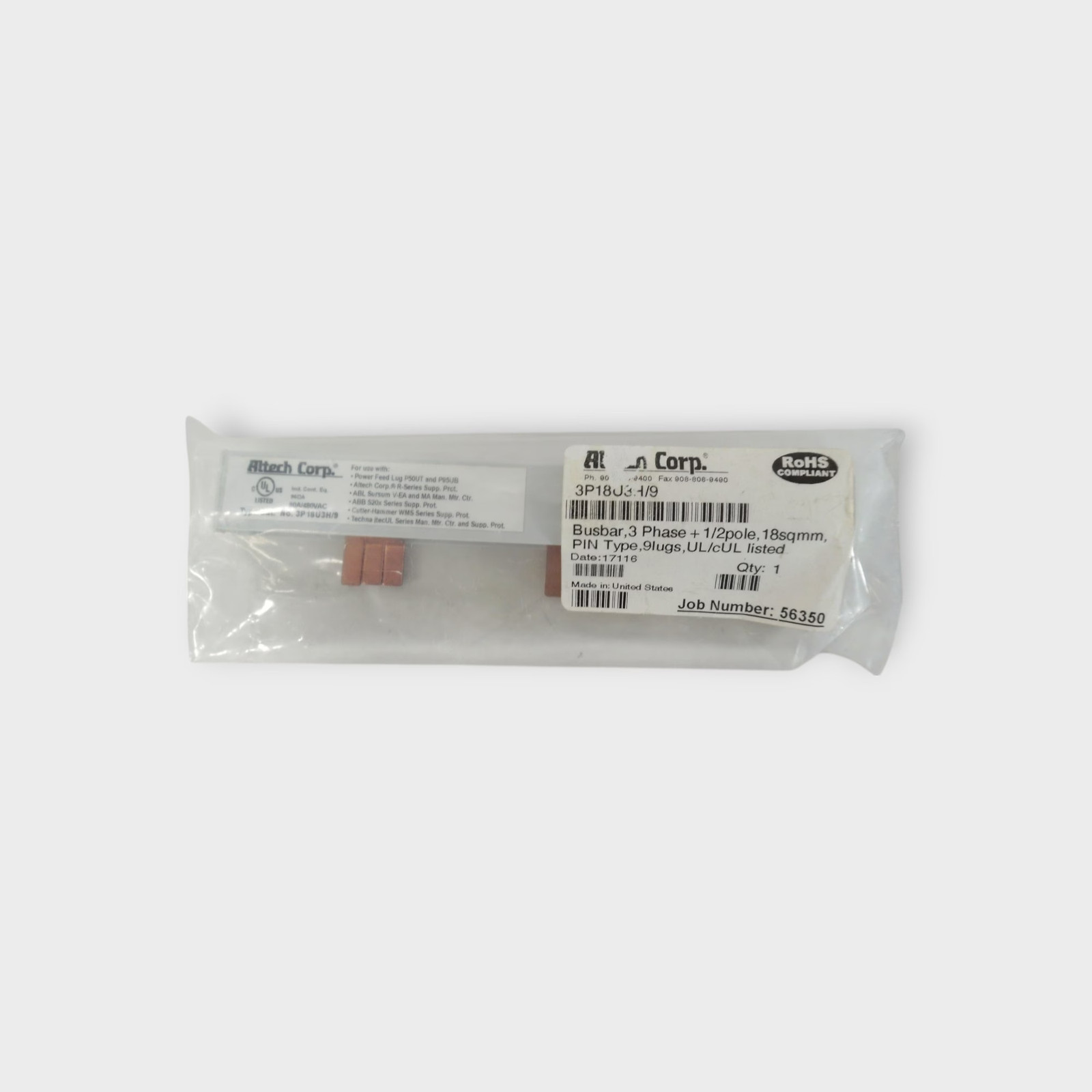 Altech Corp 3P18U3H/9 – Busbar 3 Phase + 1/2 Pole – 480V 80A – 9 Lug – NEW