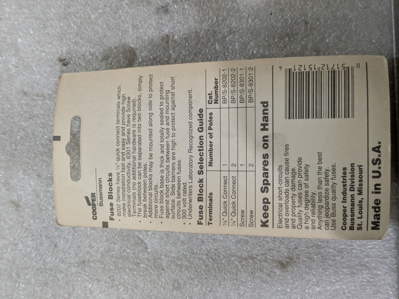Bussmann BP/S-8301-2 Fuse Block 2-Pole for 1/4in x 1-1/4in Fuses Screw Terminal