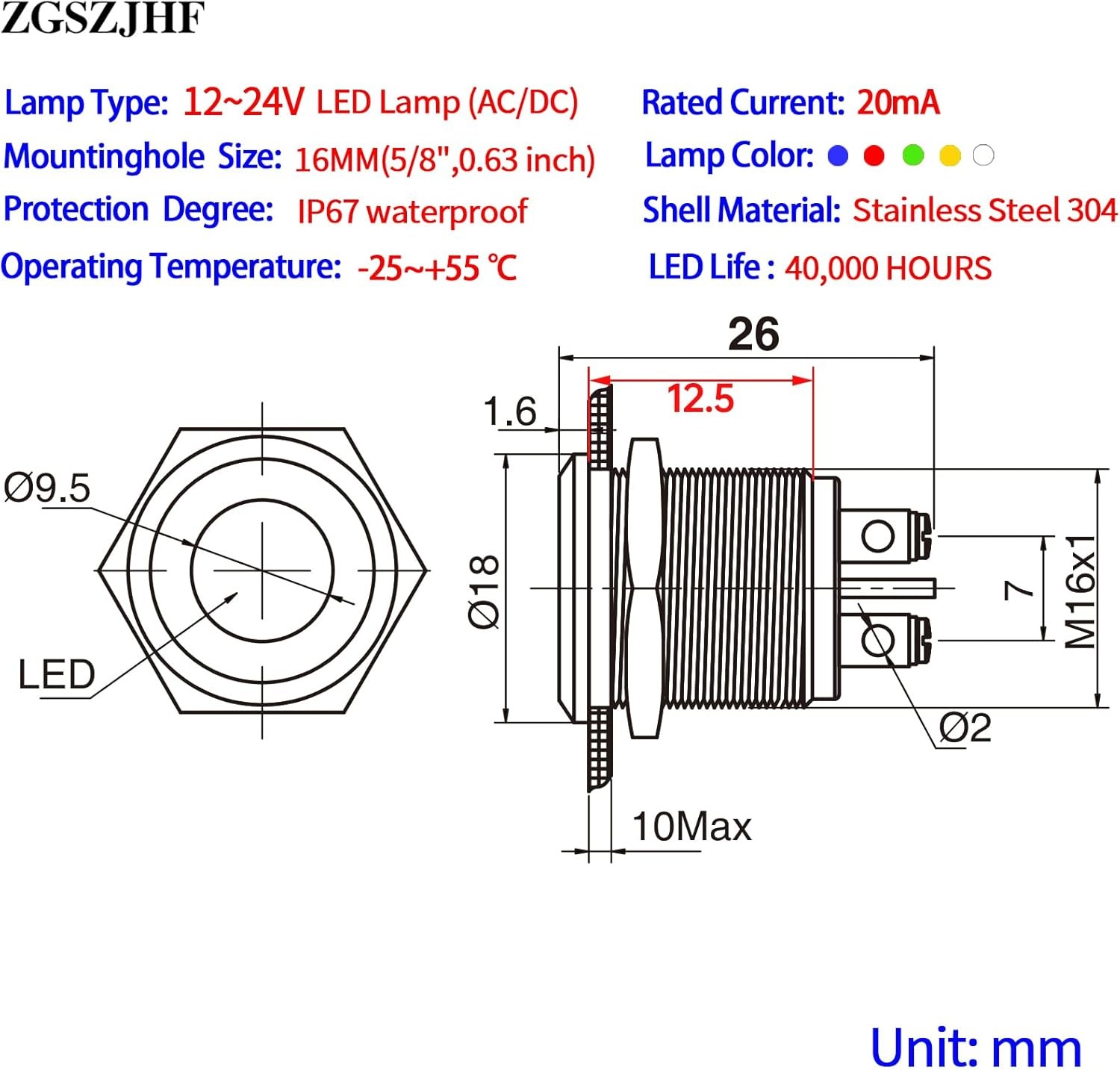 16mm 12V 24V LED Indicator Light, Frosted Surface, Waterproof Screw Terminal