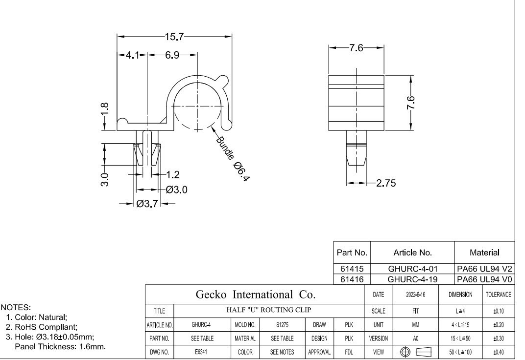 1000 Gecko PCB Snap In Cable Wire Routing Clip Harness Clamp GHURC-4-01