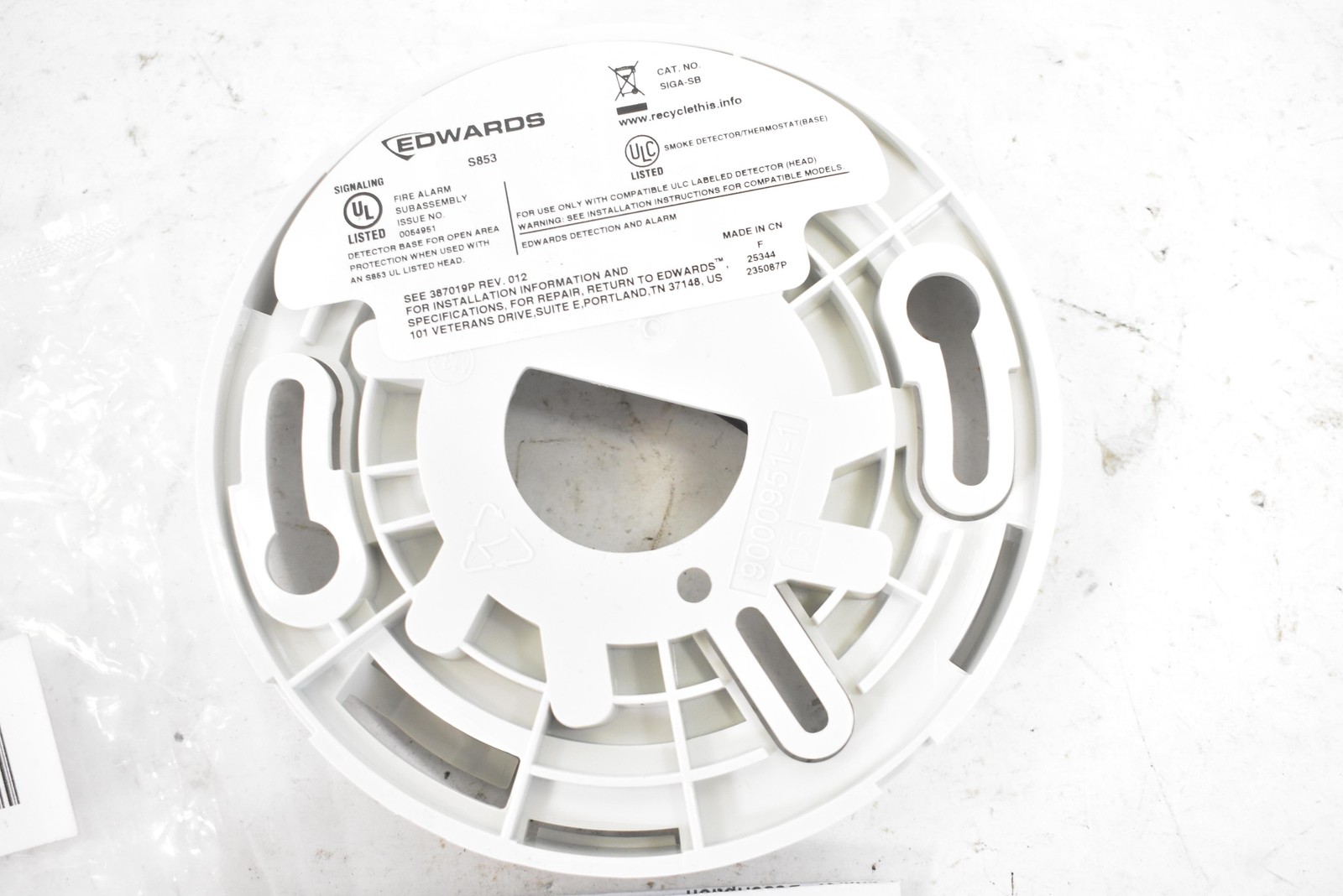 Edwards S853 SIGA-SB Circuit Board Smoke Detector Base White Made In China