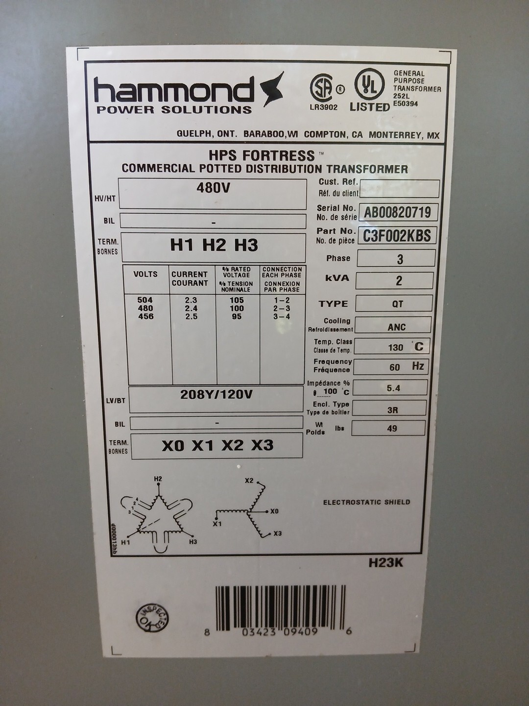 Hamond Power Transformer – CF3F002KBS 480 Volt 3 Phase 60hz