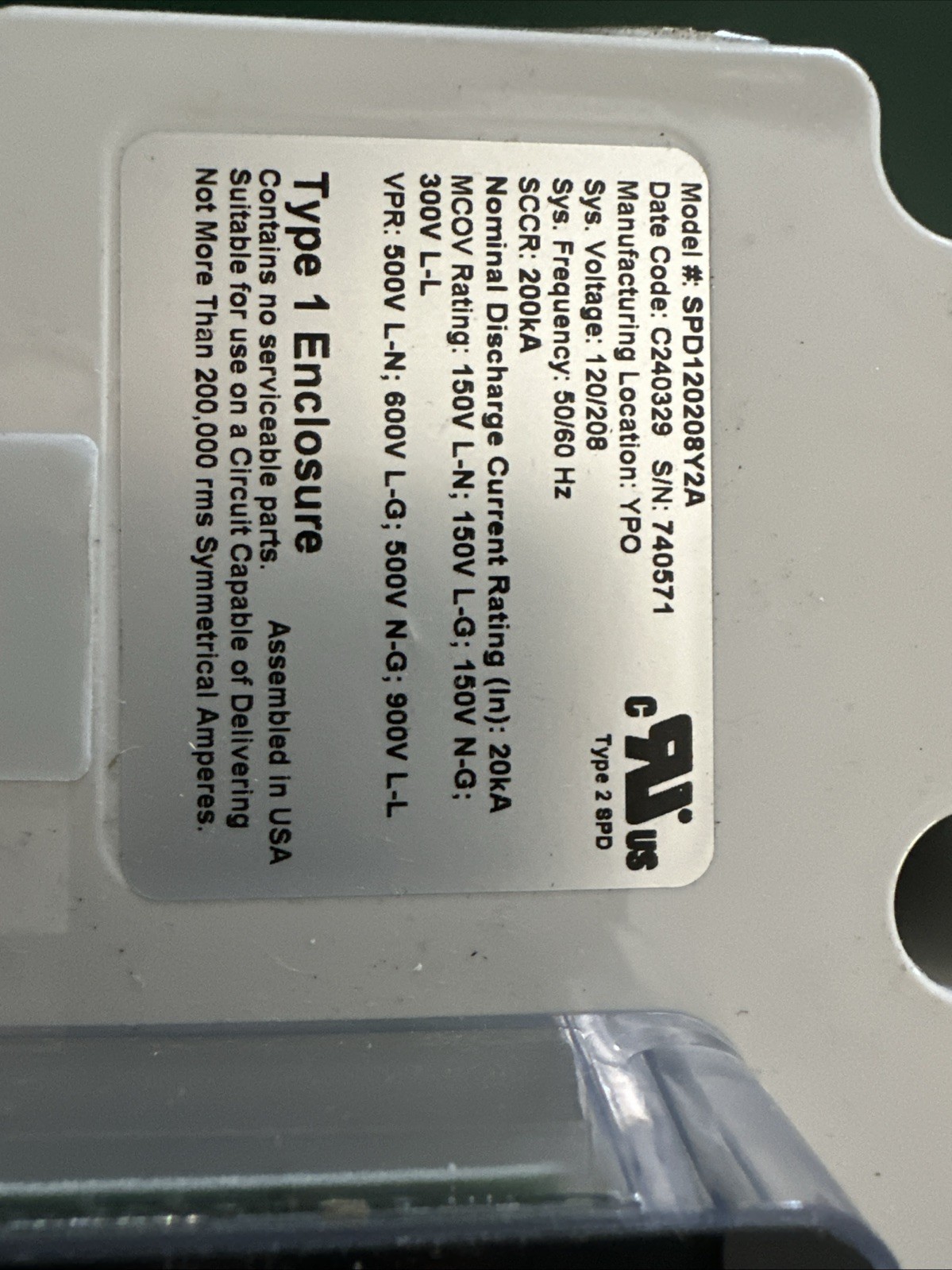 SPD120208Y2A Eaton 120/208V 50/60Hz 120kA Surge Protector – New Out Of Box