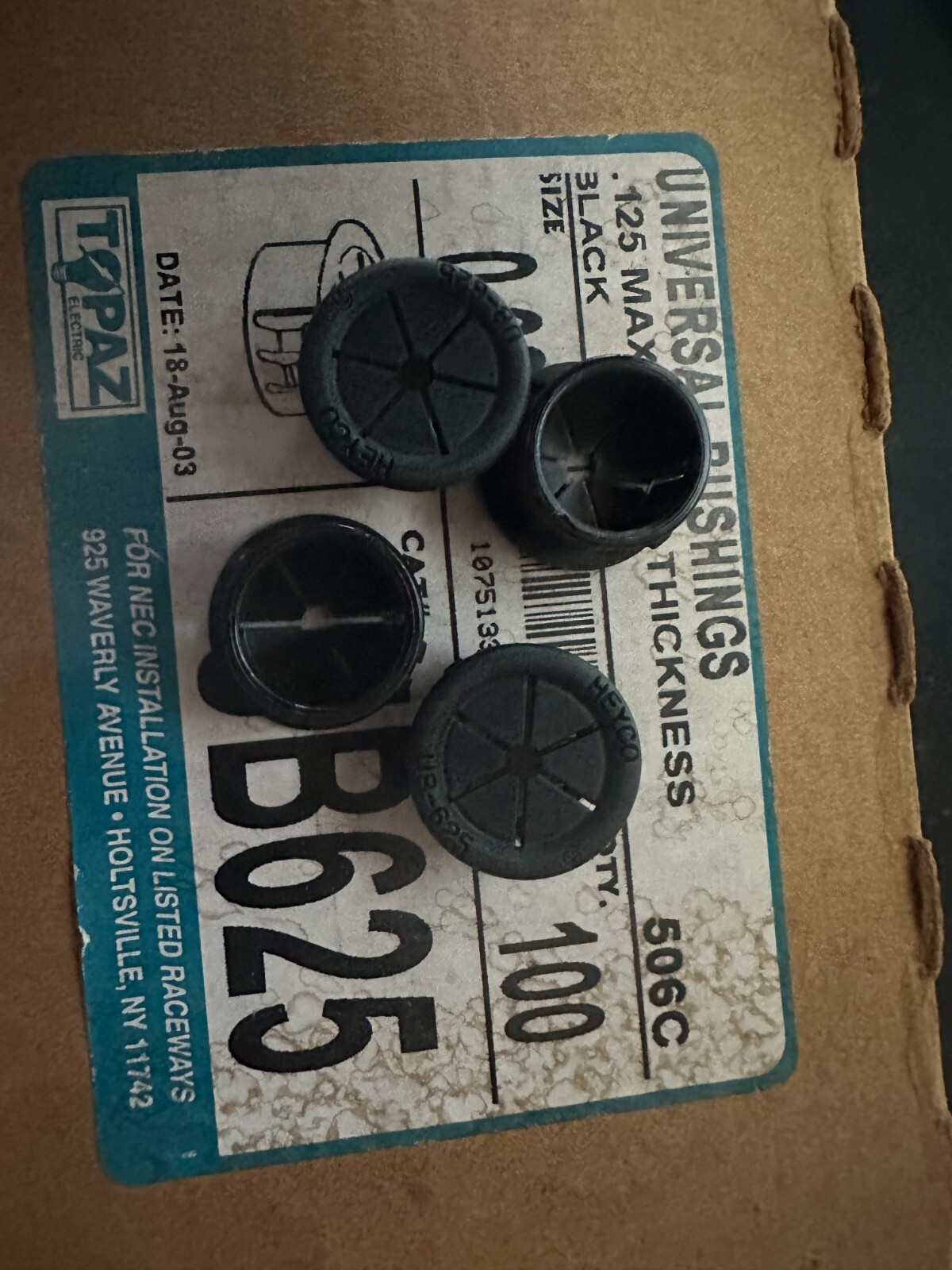 TOPAZ UB625 UNIVERSAL BUSHING SIZE .625 BLACK BOX OF 100