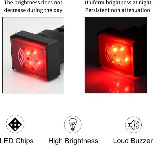 UL Listed 16mm 12V Buzzer Rectangle Red LED Light 5/8 Mount Hole 80 dB Alarm