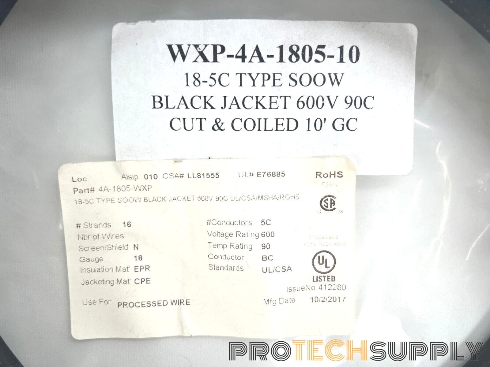 NEW Carol WXP-4A-1805-10 10ft 18-5C Type SOOW Cut & Coiled Cable with WARRANTY