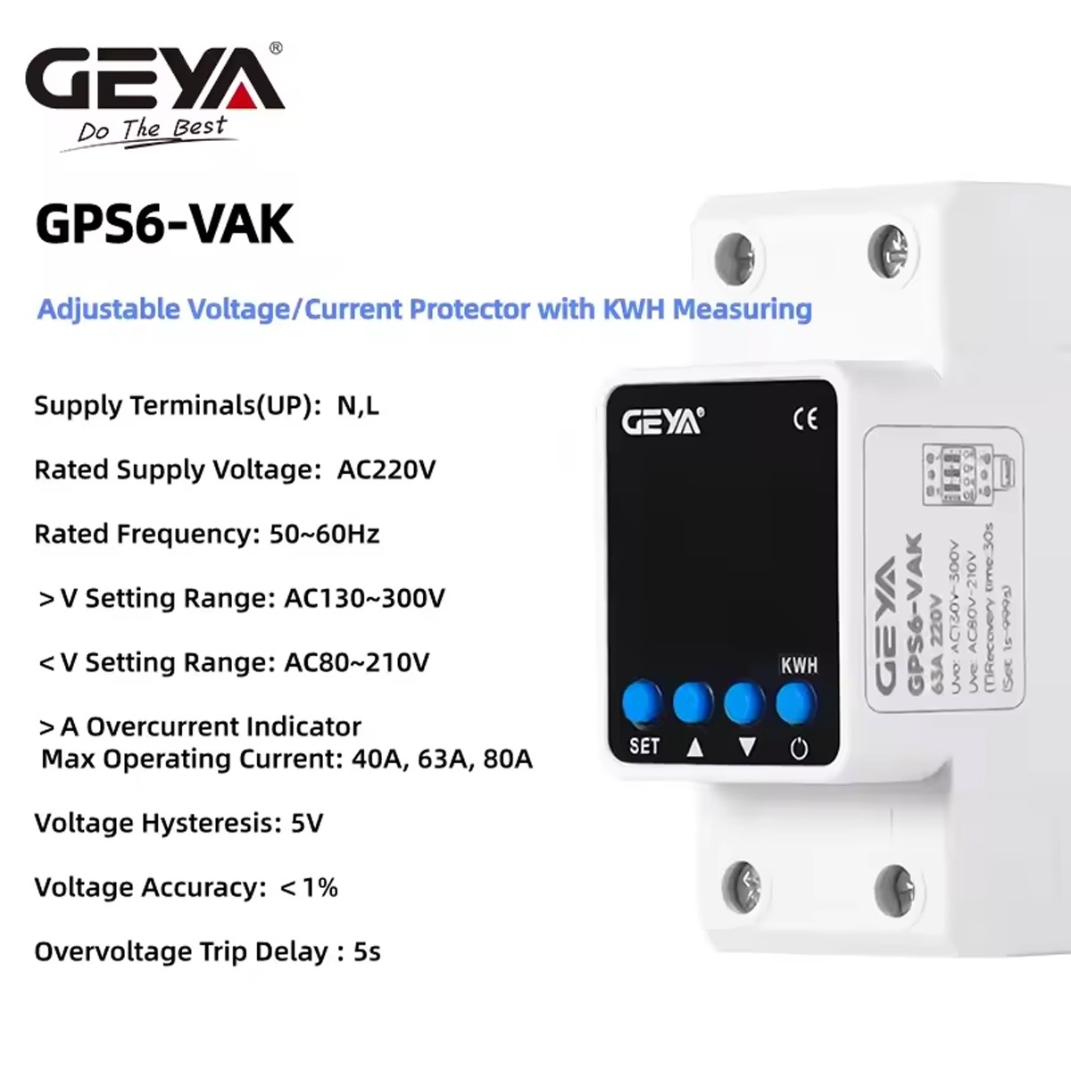GEYA GPS6 Digital Display Voltage Current KWH Protector Protect 2P 40/63/80A 110