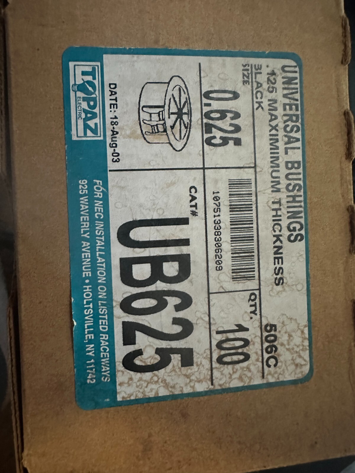TOPAZ UB625 UNIVERSAL BUSHING SIZE .625 BLACK BOX OF 100