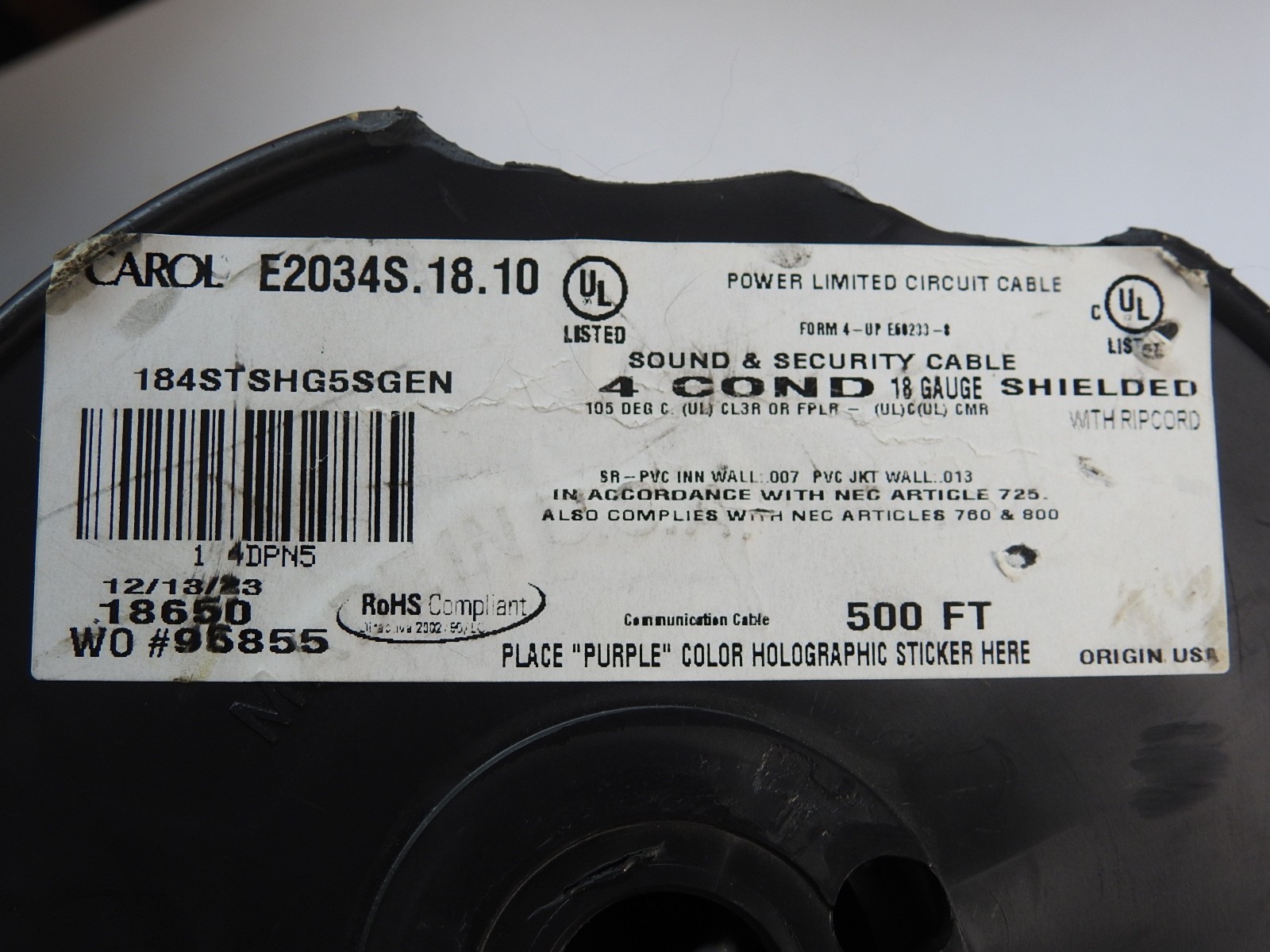 500ft-Carol E2034S Wire 18 gauge 4 conductor -Shielded Sound/Security Cable Gray