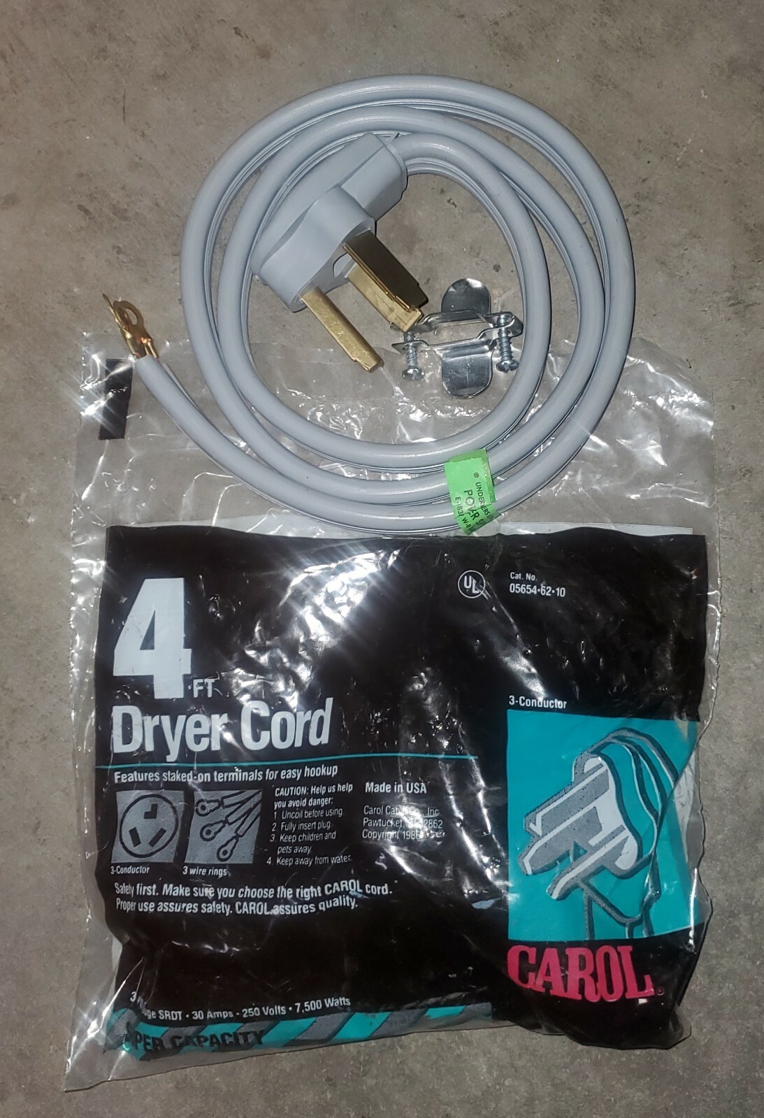 Dryer Cord 4′ MFG by Carol 05654-62-10 3 Conductor New in Package