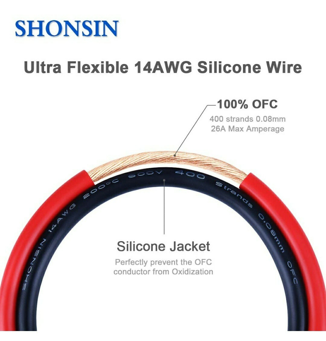Shonsin 14 AWG 100FT Ultra Flexible Silicone Wire 100% pure cooper 26 Amp BLACK