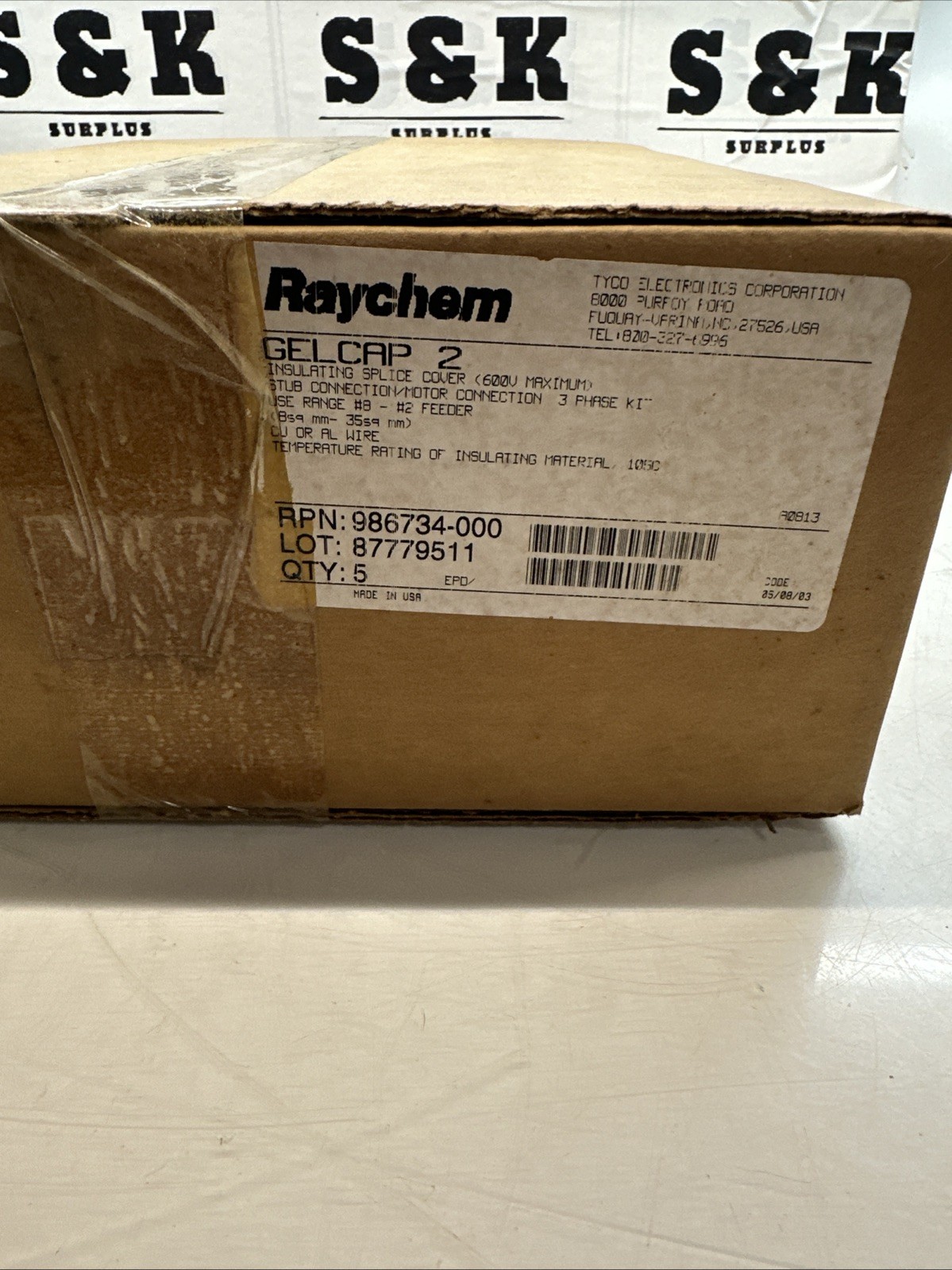 TE CONNECTIVITY RAYCHEM MODEL NO. GELCAP-2 SPLICE COVER INSULATING (x5) CT. BOX