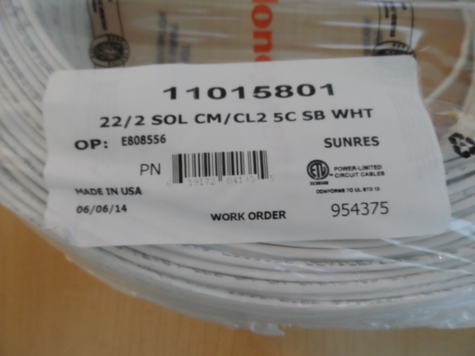 Honeywell Genesis 11015801 22/2 Solid Alarm Wire CM/CL2 5C SB White **New**