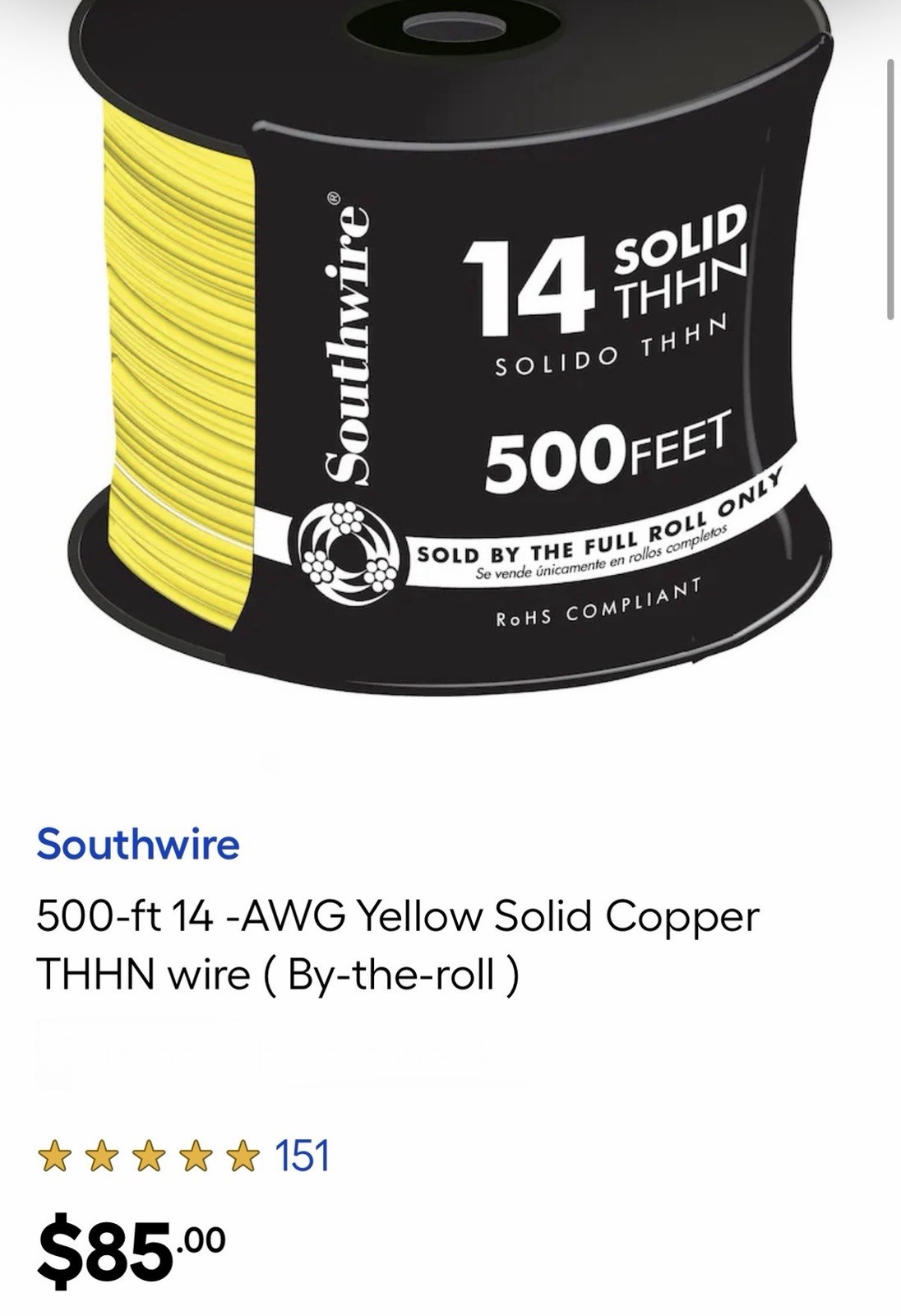 New SOUTHWIRE Building Insulated Wire 14 GA Single Conductor 15 Amp 600 V 500Ft