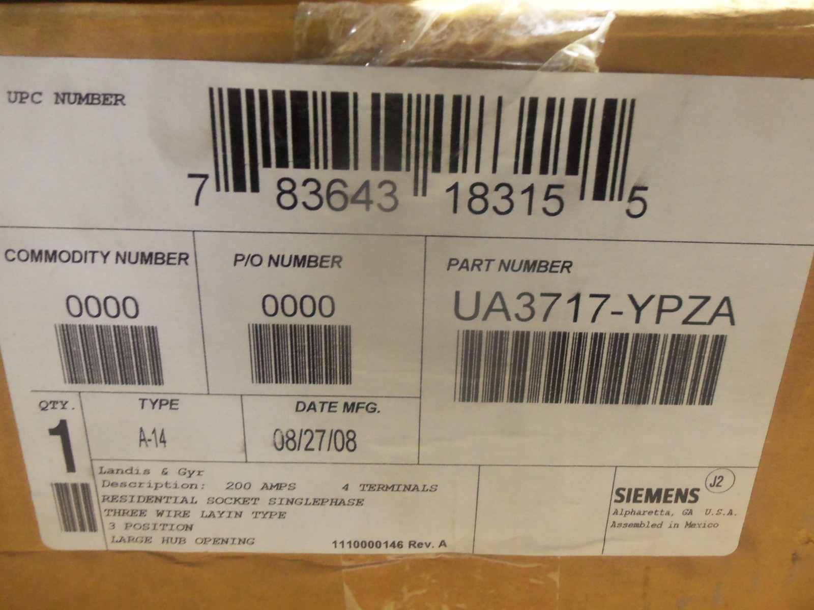 NEW Siemens UA3717-YPZA 200 AMP 3-Gang Meter Socket Ringless Horn Bypass 600V AK