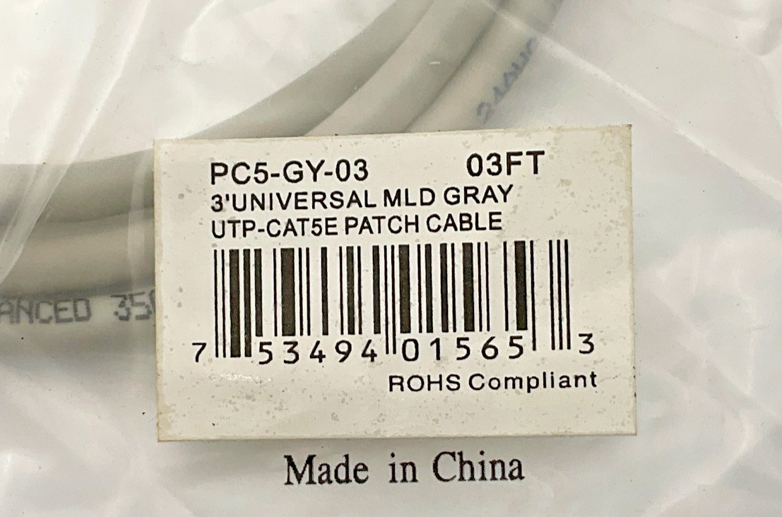 JDI PC5-GY-03 Patch Cable 3 Ft Universal MLD Gray UTP-CAT5E New (TSC)