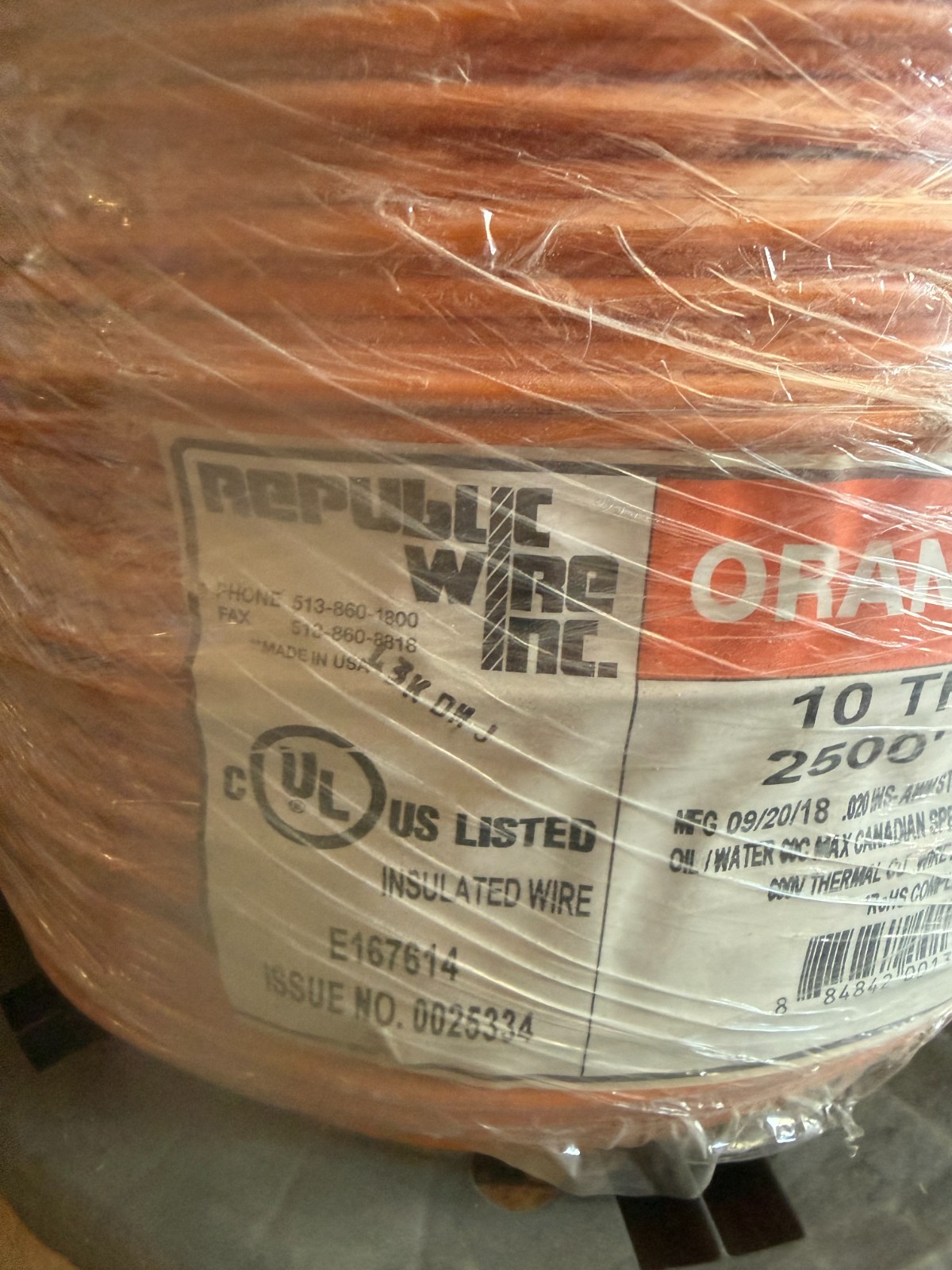 Republic Wire 10 THHN 2500′ REEL ORANGE SOLID Wire Spool E167614 BRAND NEW