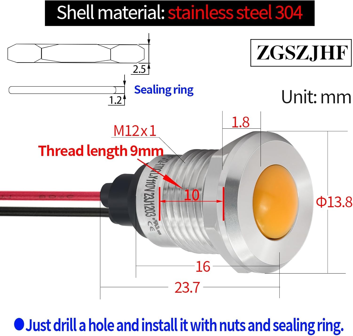 UL Listed 12mm 0.47 LED Indicator Light Indicator Light Waterproof IP67