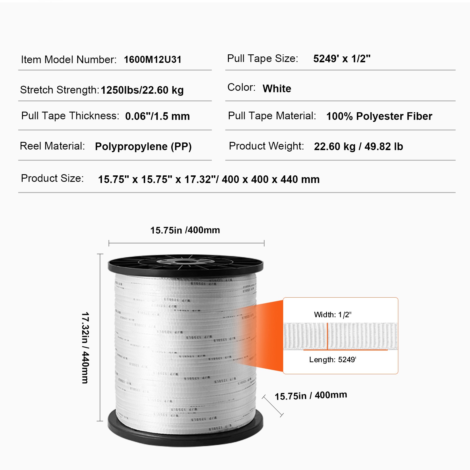 VEVOR Polyester Pulling Tape Mule Tape 1/2″ x 5249′ 1250 lbf Tensile Capacity