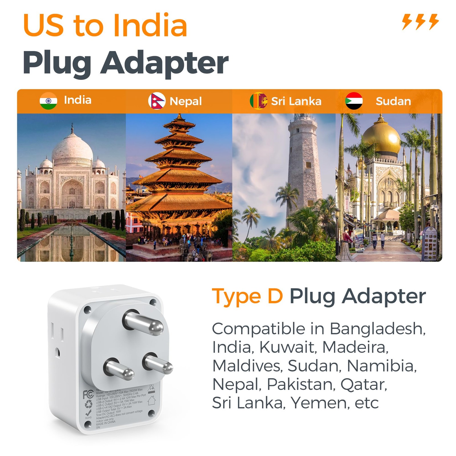 TESSAN US to India Plug Adapter 2 Pack Type D Travel Adapter 4 Outlets
