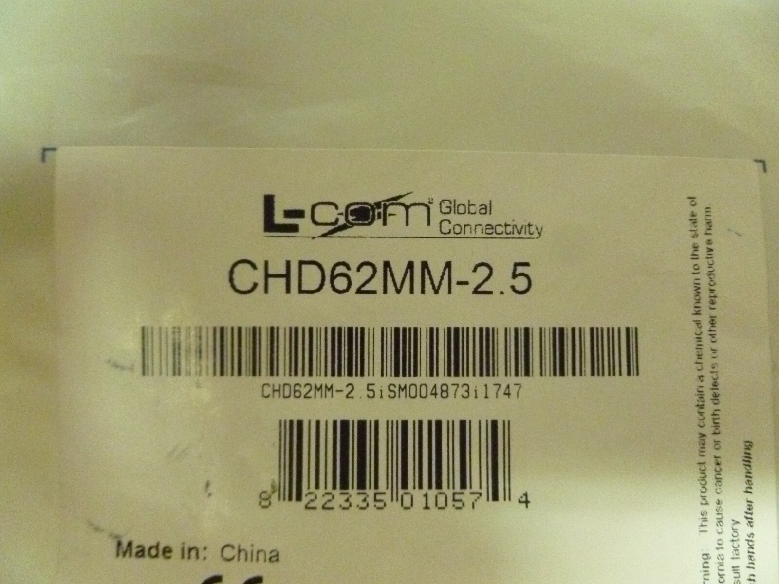 LOT OF 3 L-COM CHD62MM-2.5 CABLE MALE TO MALE 2.5 FT