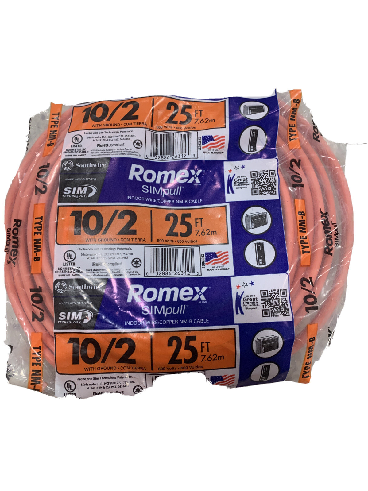 Non-Metallic Romex Sheathed Electrical Cable With Ground, 10/2, 25-Ft. -28829021
