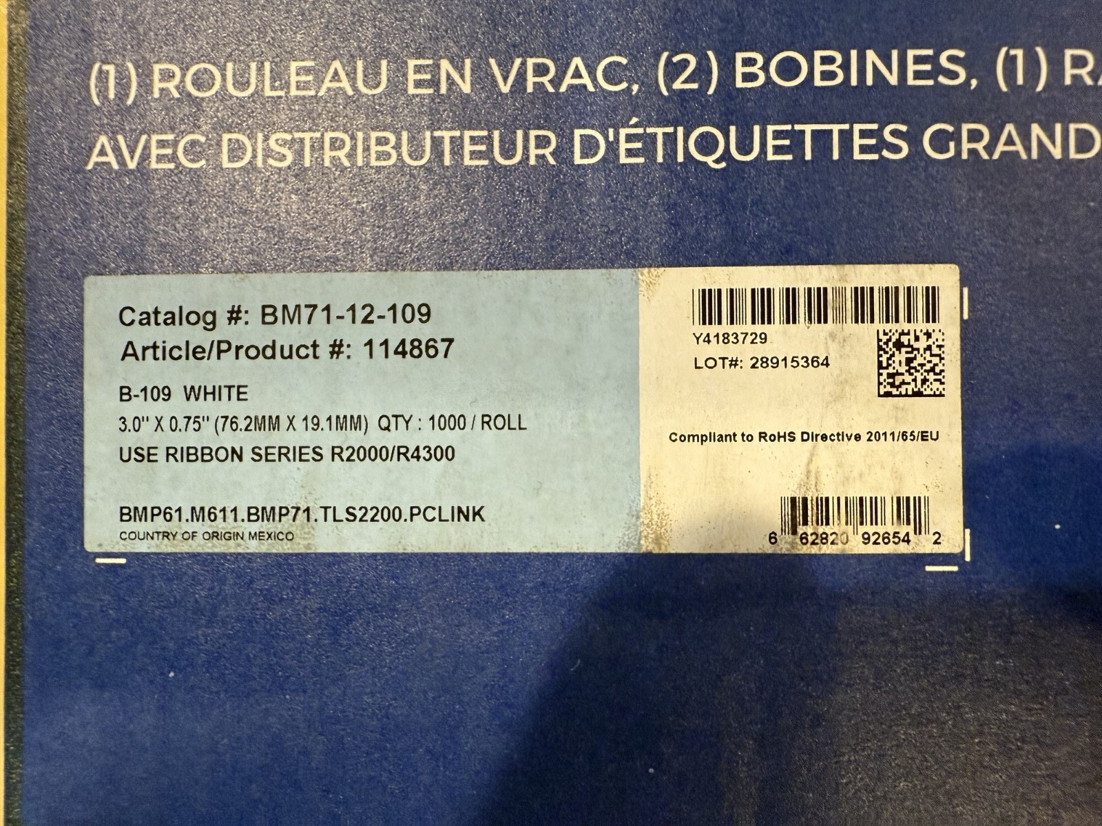 Brady BM71-12-109 ~ (Qty 1000 Roll) ~ 3″ x .75″ ~ Product 114867 ~ B-109 ~ New