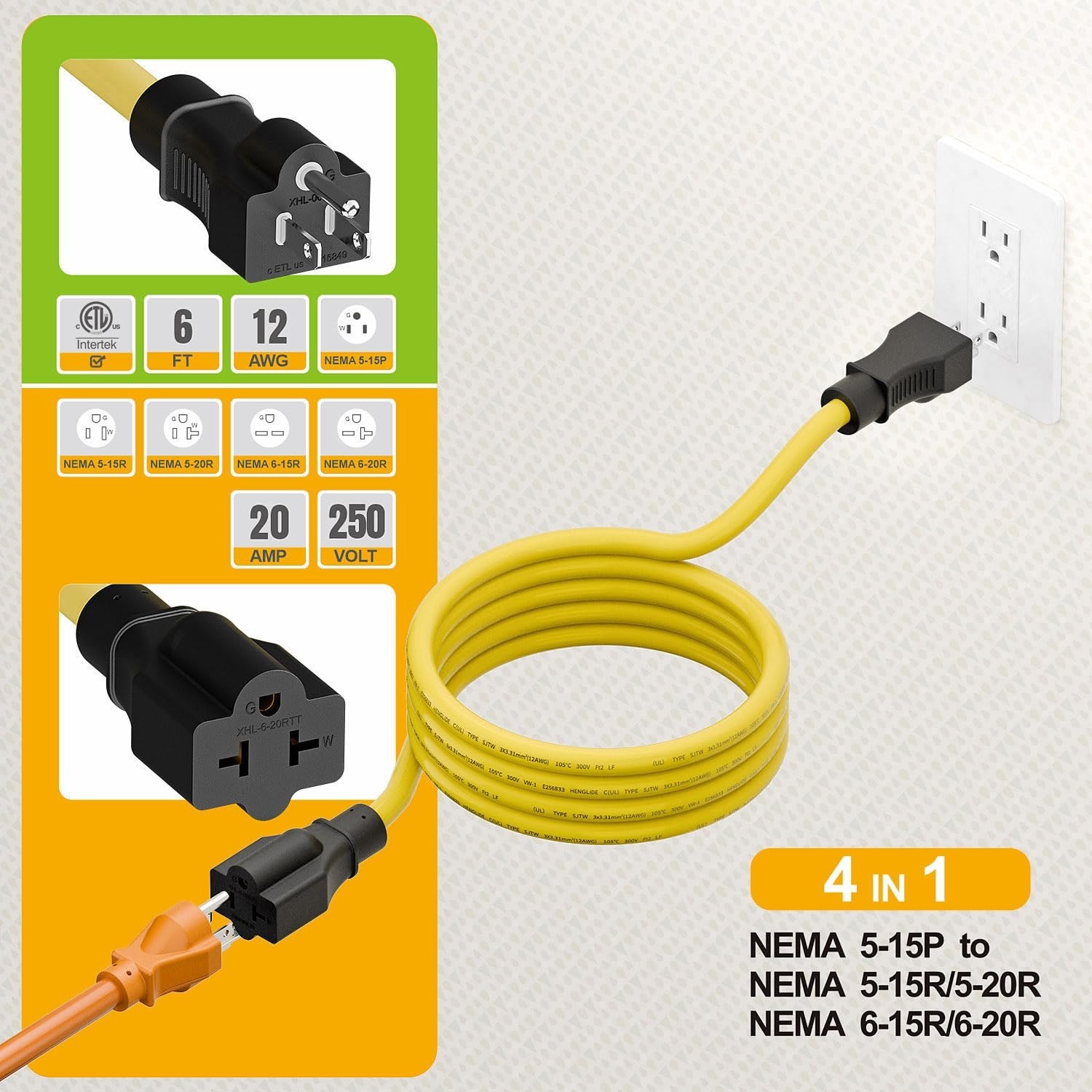 [6-Feet] 12AWG 15 Amp Household AC Plug to 20 Amp T Blade Adapter Cable, 5-15…
