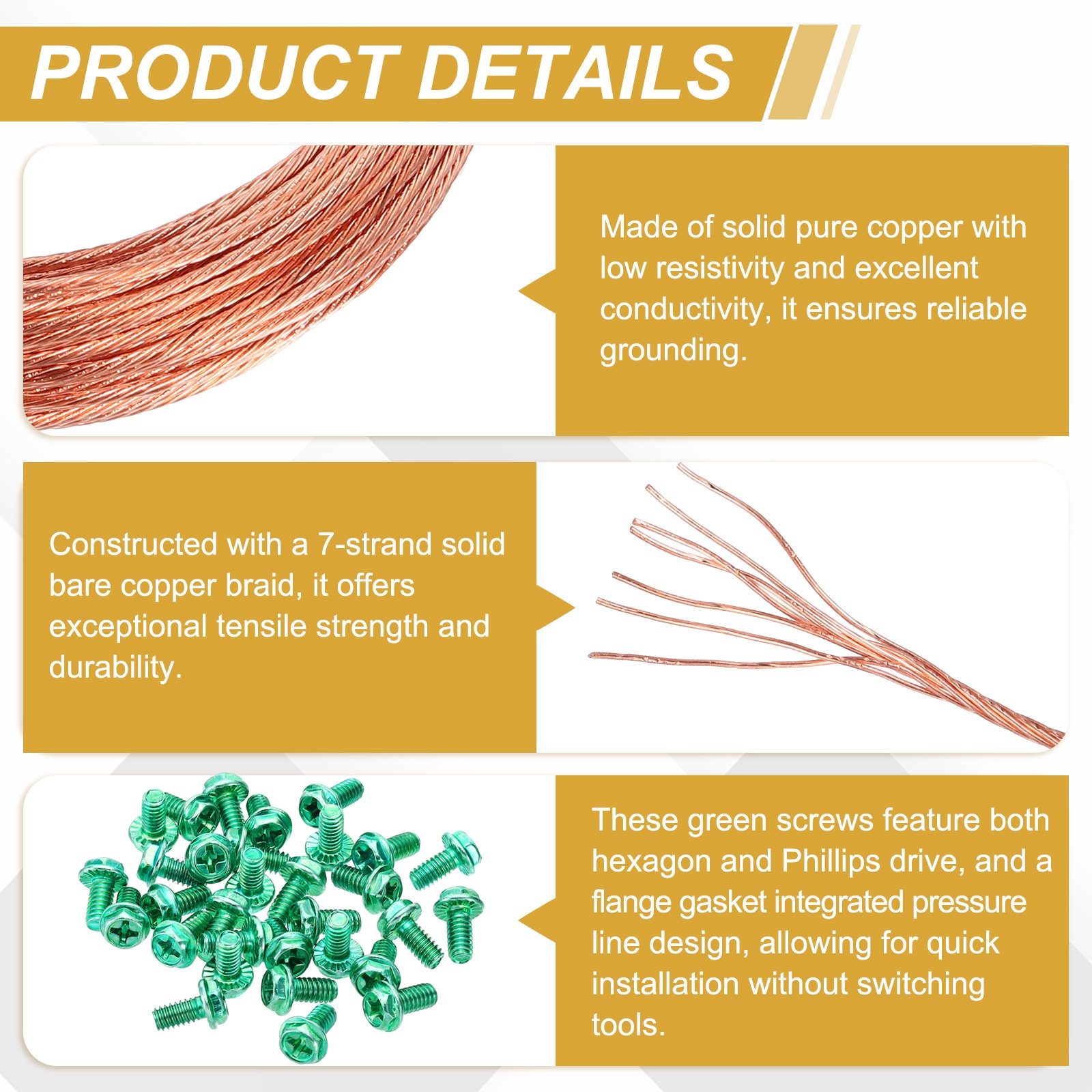 18 Gauge 15 ft Bare Copper Ground Wire with 20Pcs #8-32 x 5/16″ Green Screws