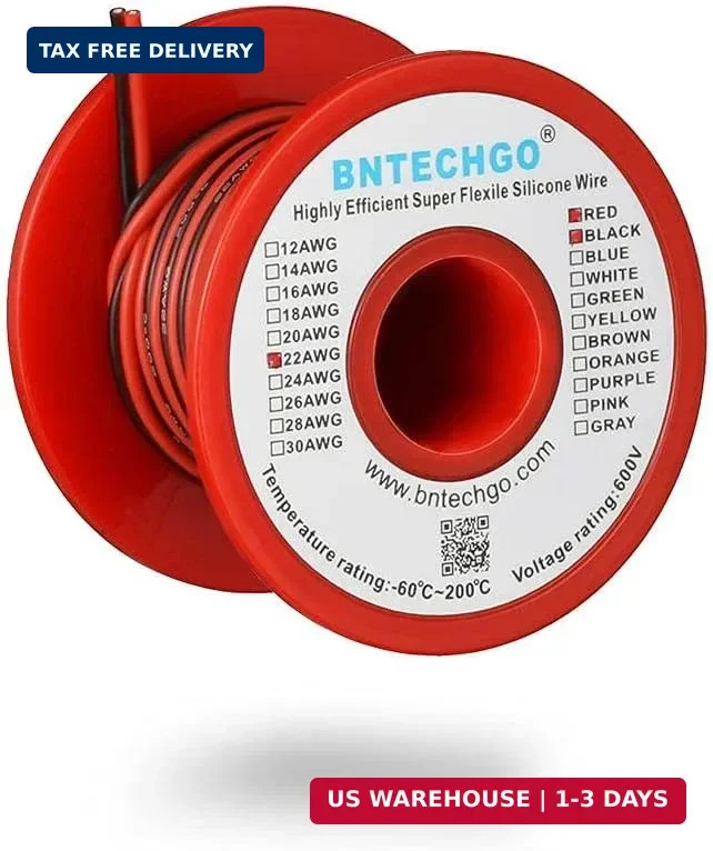 BNTECHGO 22 Gauge Flexible 2 Conductor Parallel Silicone Wire Spool Red Black Hi