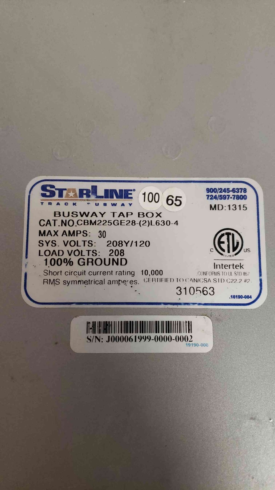Starline 30A 208Y/120 Busway Tap Box CBM225GE28-(2)L630-4 (SKU: 108168)