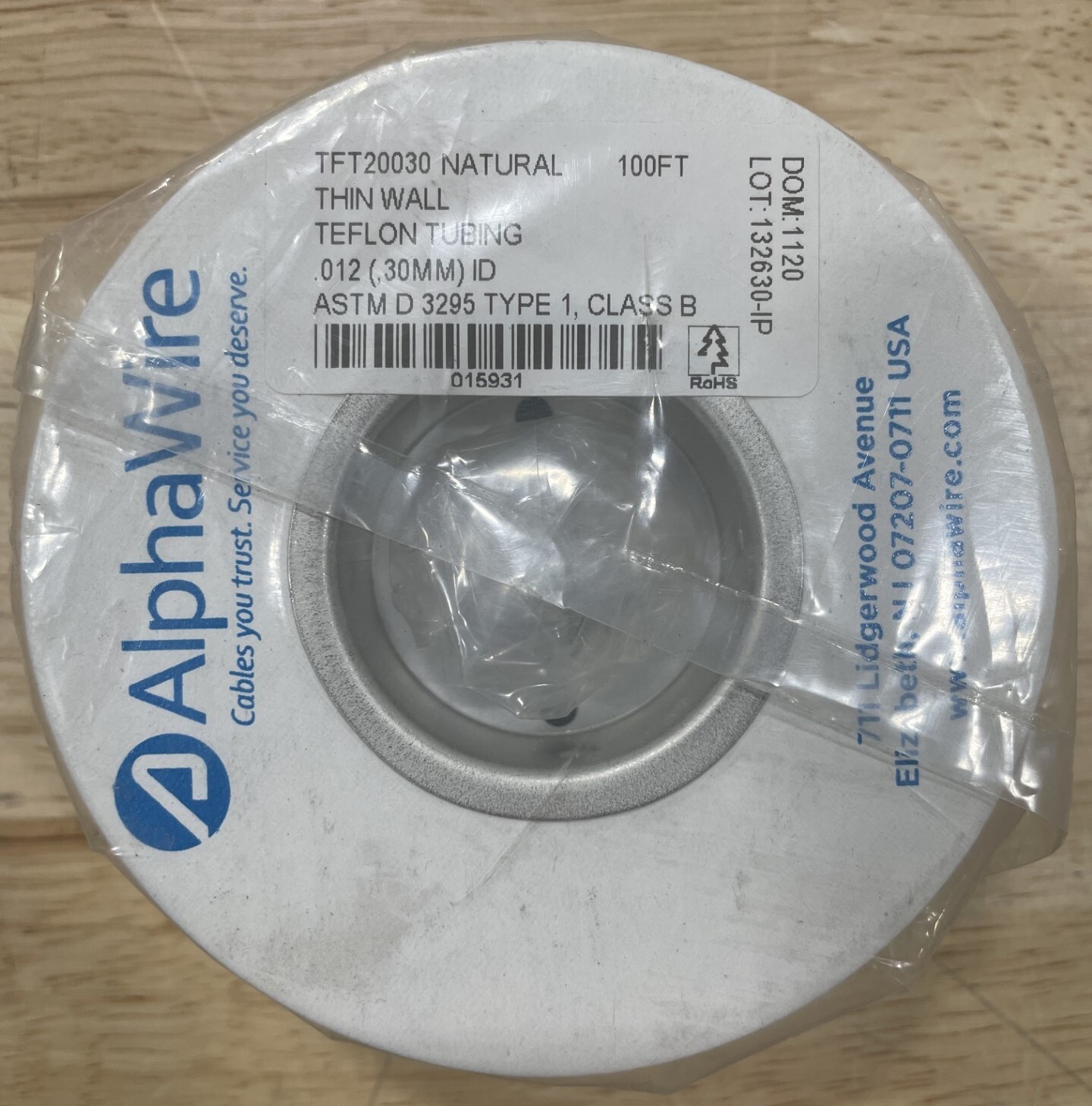 Alpha Wire TFT20030 NA005 Smooth Solid Tubing, 30AWG, 0.010″ PTFE, Natural, 100′