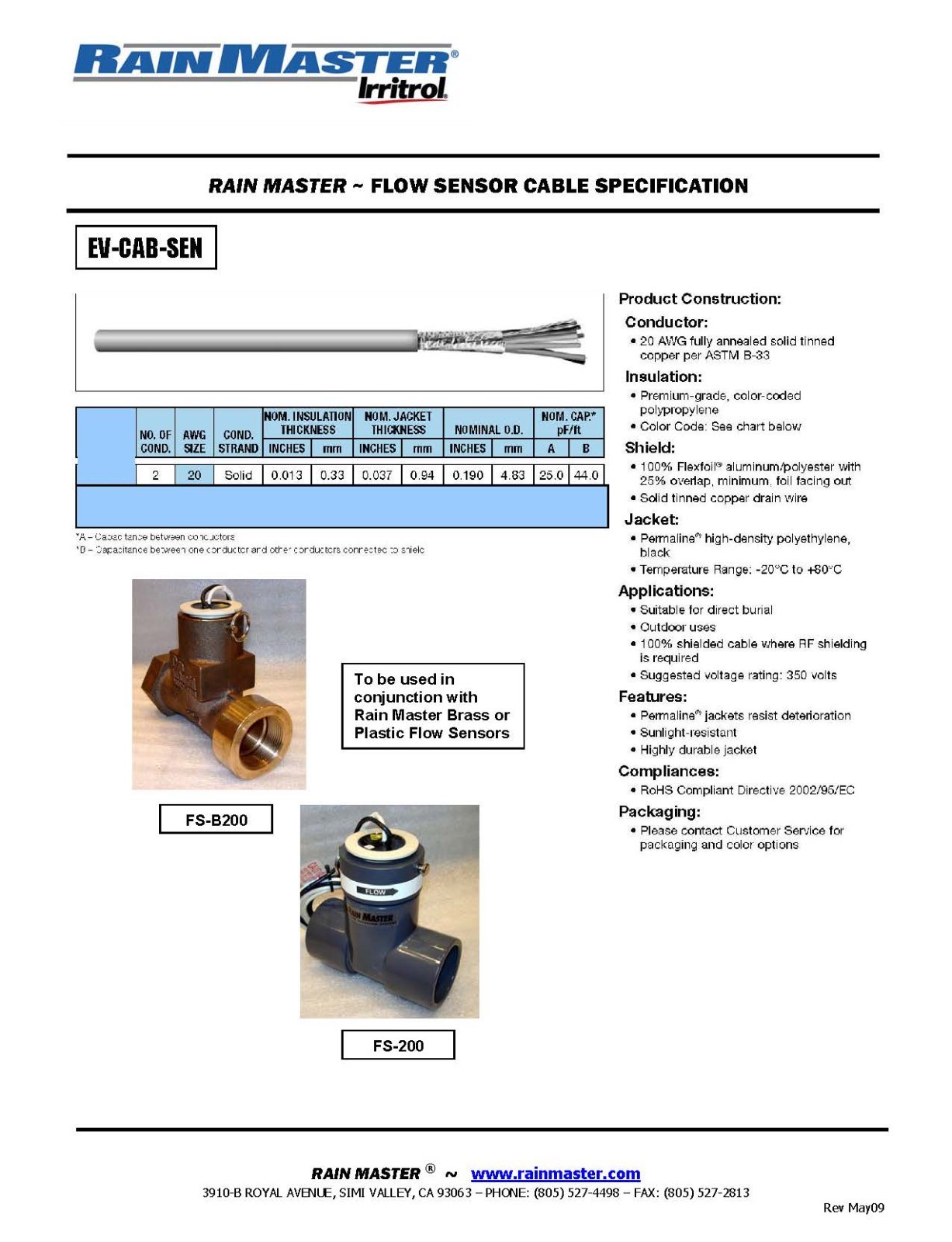 Carol C2509A 20/2C Direct Burial Flow Sensor Cable Irritrol EV-CAB-SEN /100ft