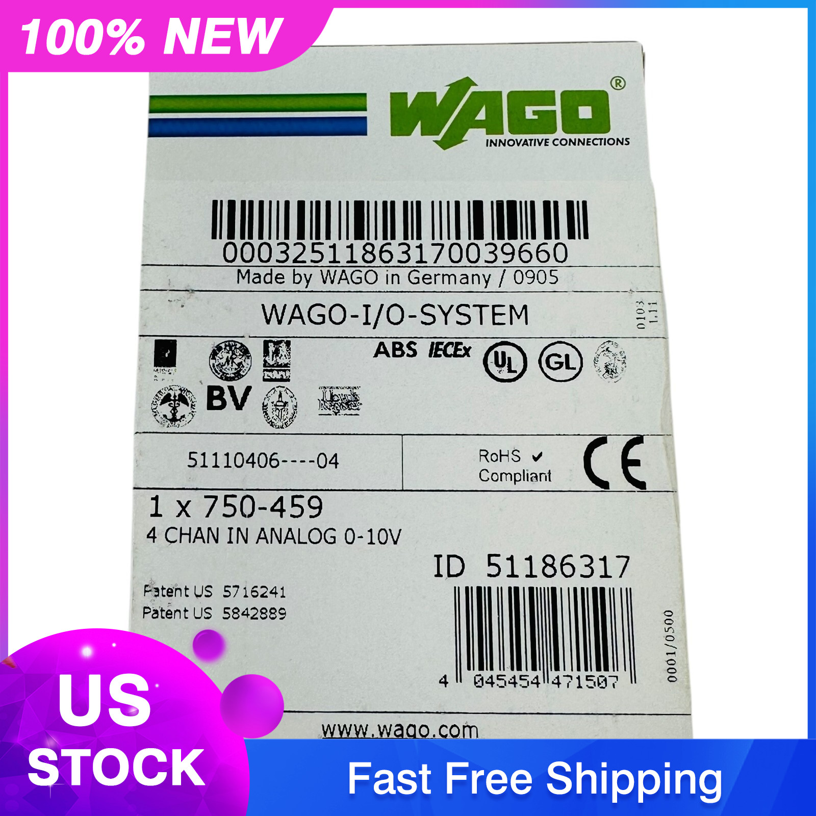 WAGO 750-459 INPUT MODULE ANALOG 4 CHANNEL 10 VDC NEW/NOS IN FACT SEALED BOX
